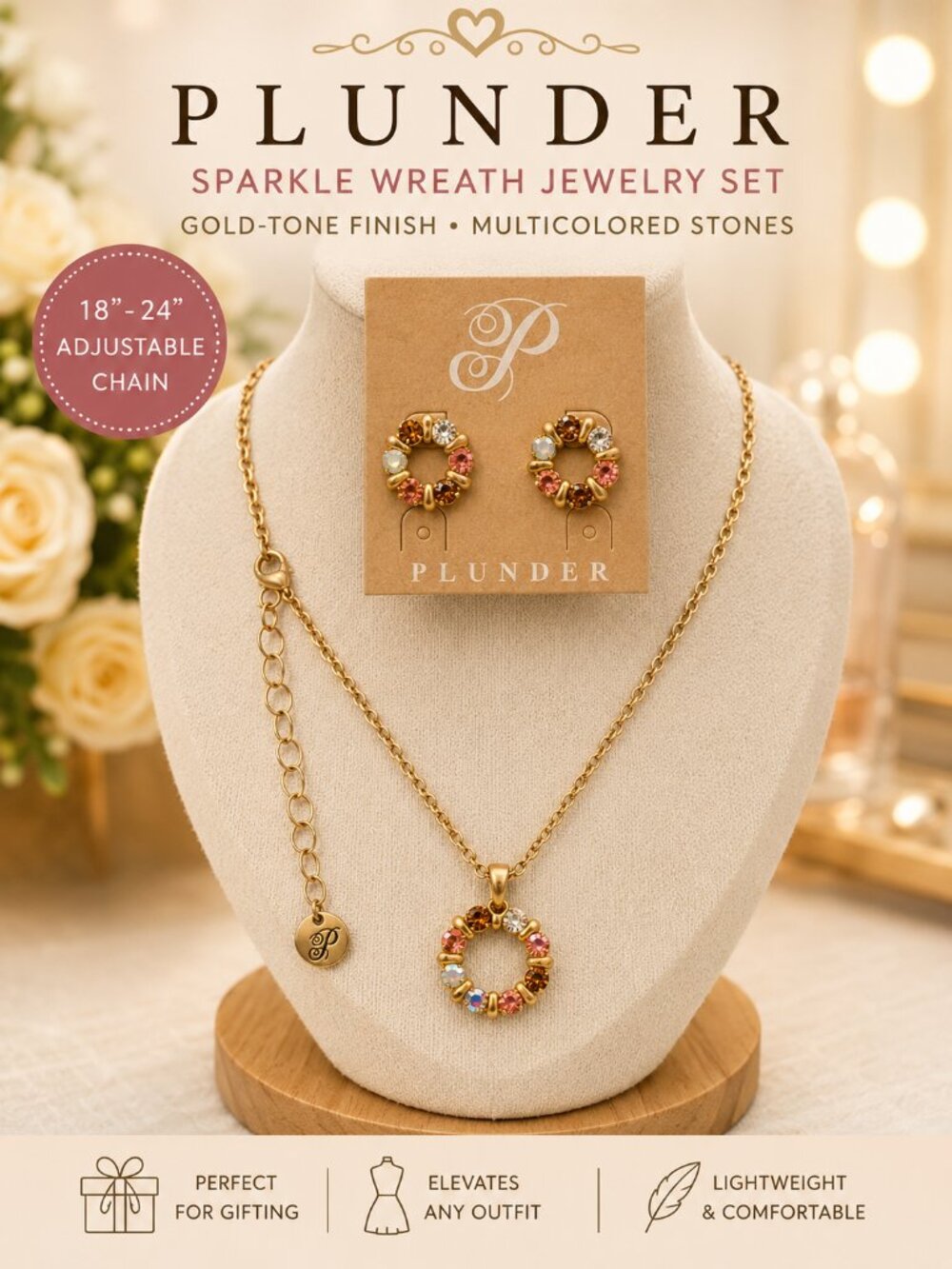 PLUNDER Crystal Wreath Necklace & Earrings Multi-Color Rhinestone Jewelry Gift S